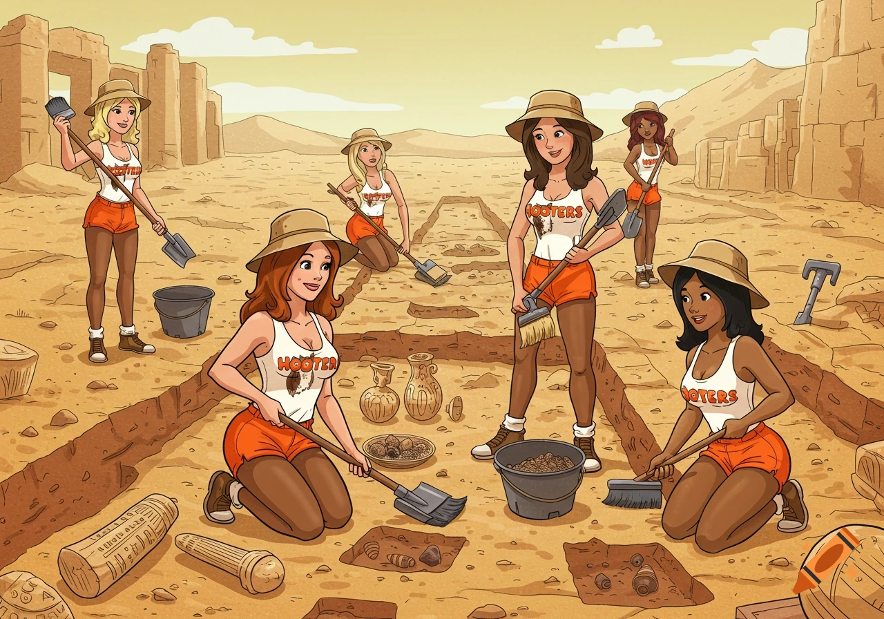 Six cartoon women wearing Hooters uniforms excavate in a desert landscape with ancient ruins.