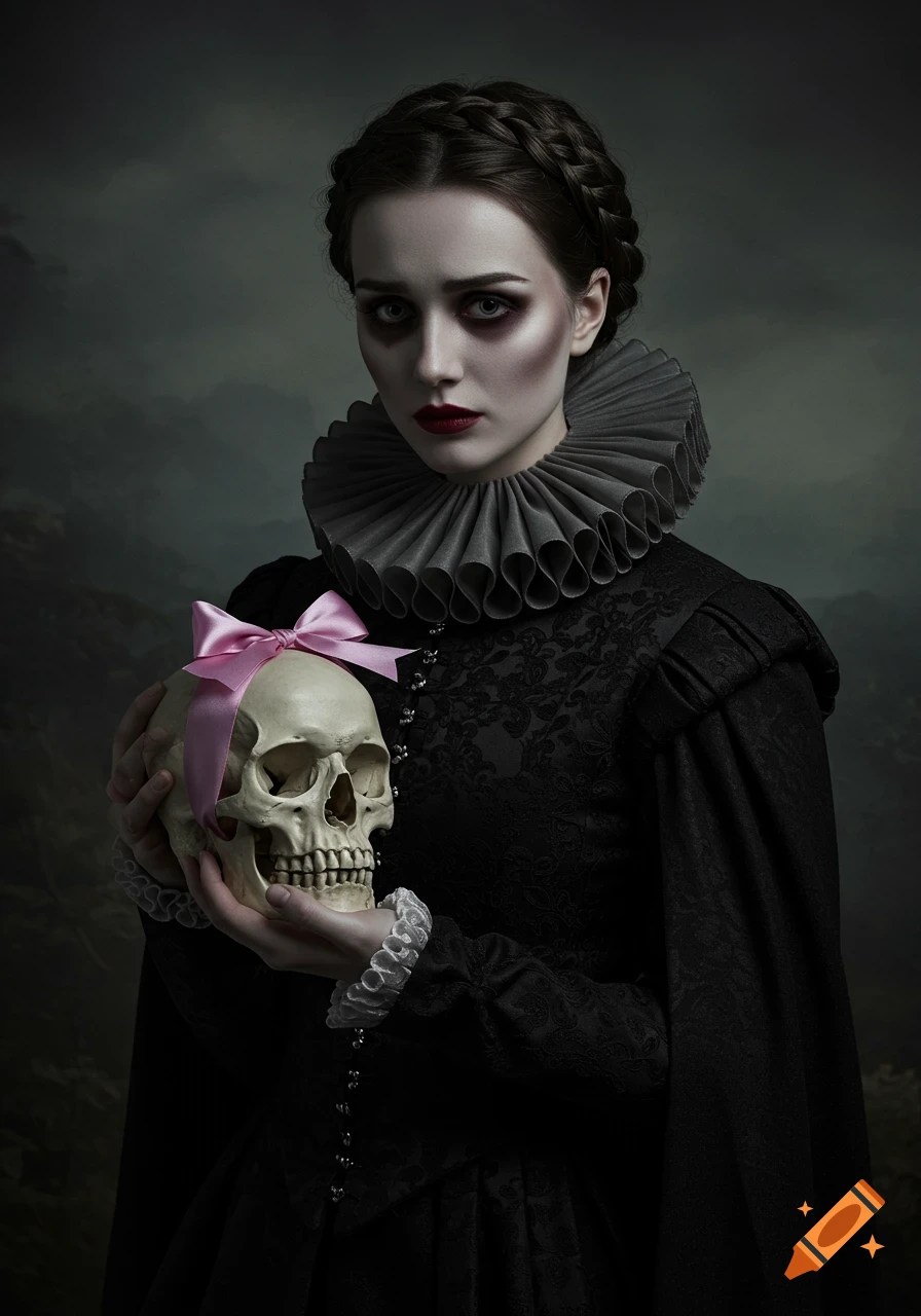 Portrait of a woman in a historical black dress with a ruff collar, holding a skull with a pink ribbon.
