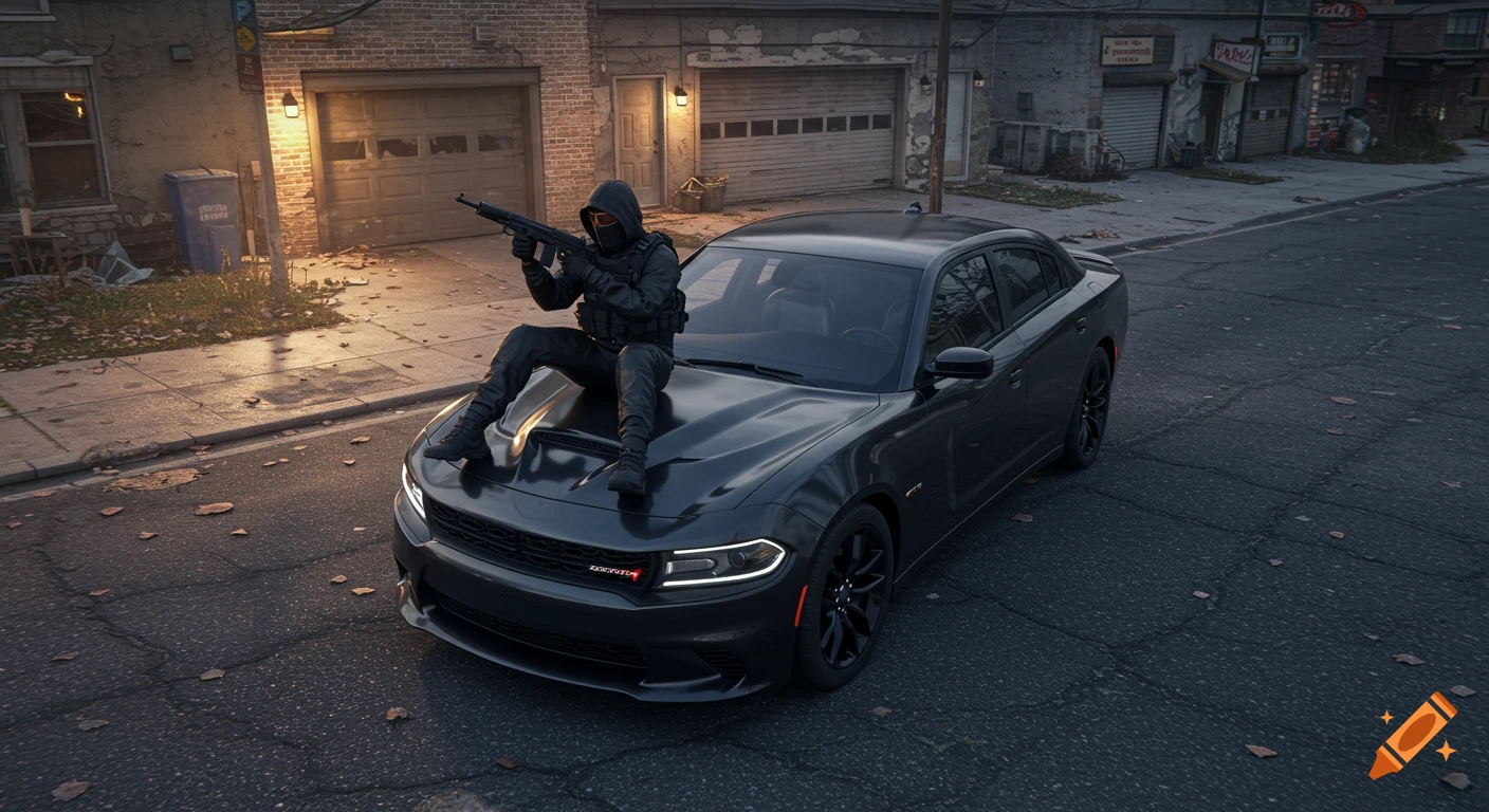 Figure in tactical suit sits on black car with rifle in urban street, drone view