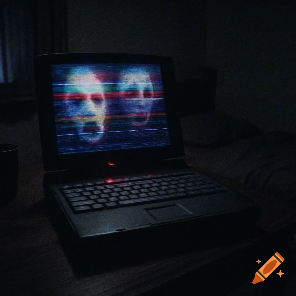 Laptop screen displaying distorted faces and static in a dark room, analog horror style.