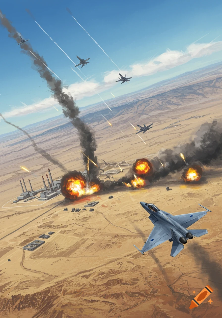 Military jets attack a desert facility with explosions and smoke.