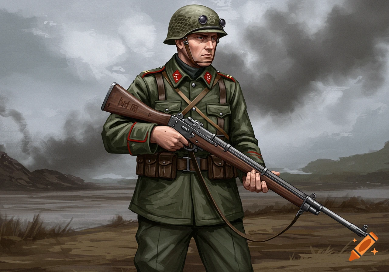 Illustration of a soldier in uniform holding a rifle in a desolate landscape.