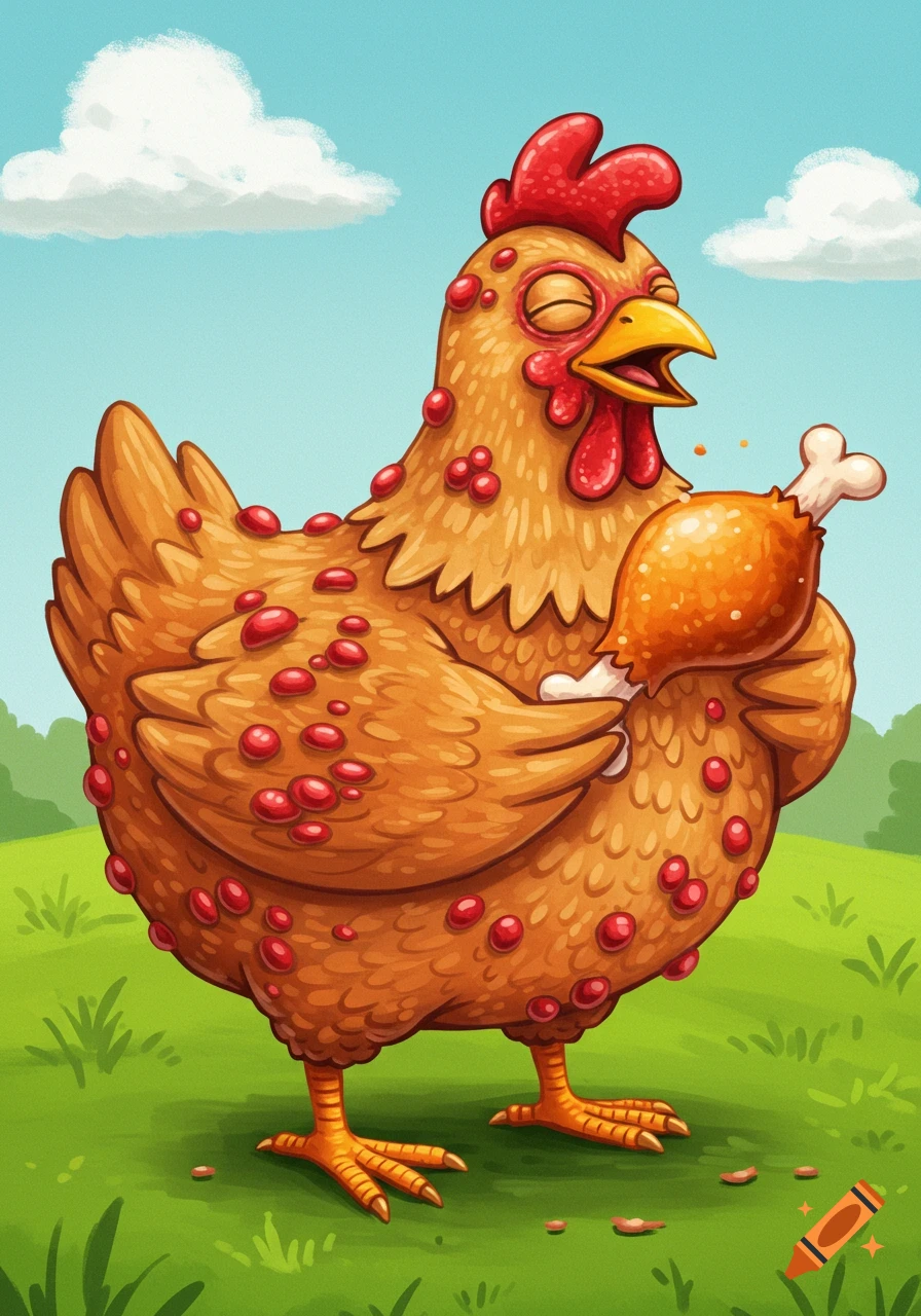 Cartoon illustration of a chicken with red spots happily eating a chicken drumstick in a field.