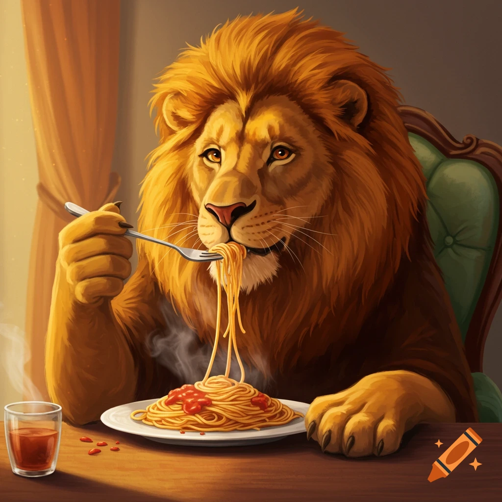 A lion sits at a table eating a plate of spaghetti with a fork, with a drink nearby.