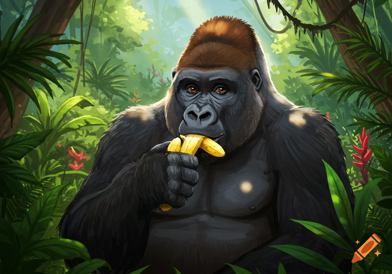 An illustration of a gorilla eating a banana in a lush jungle.