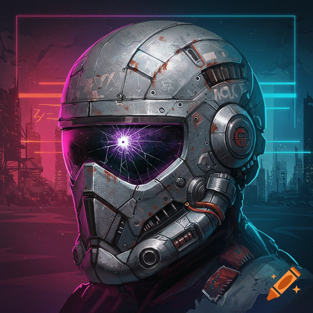 Close-up of a cracked metal space helmet against a neon-lit cyberpunk cityscape.