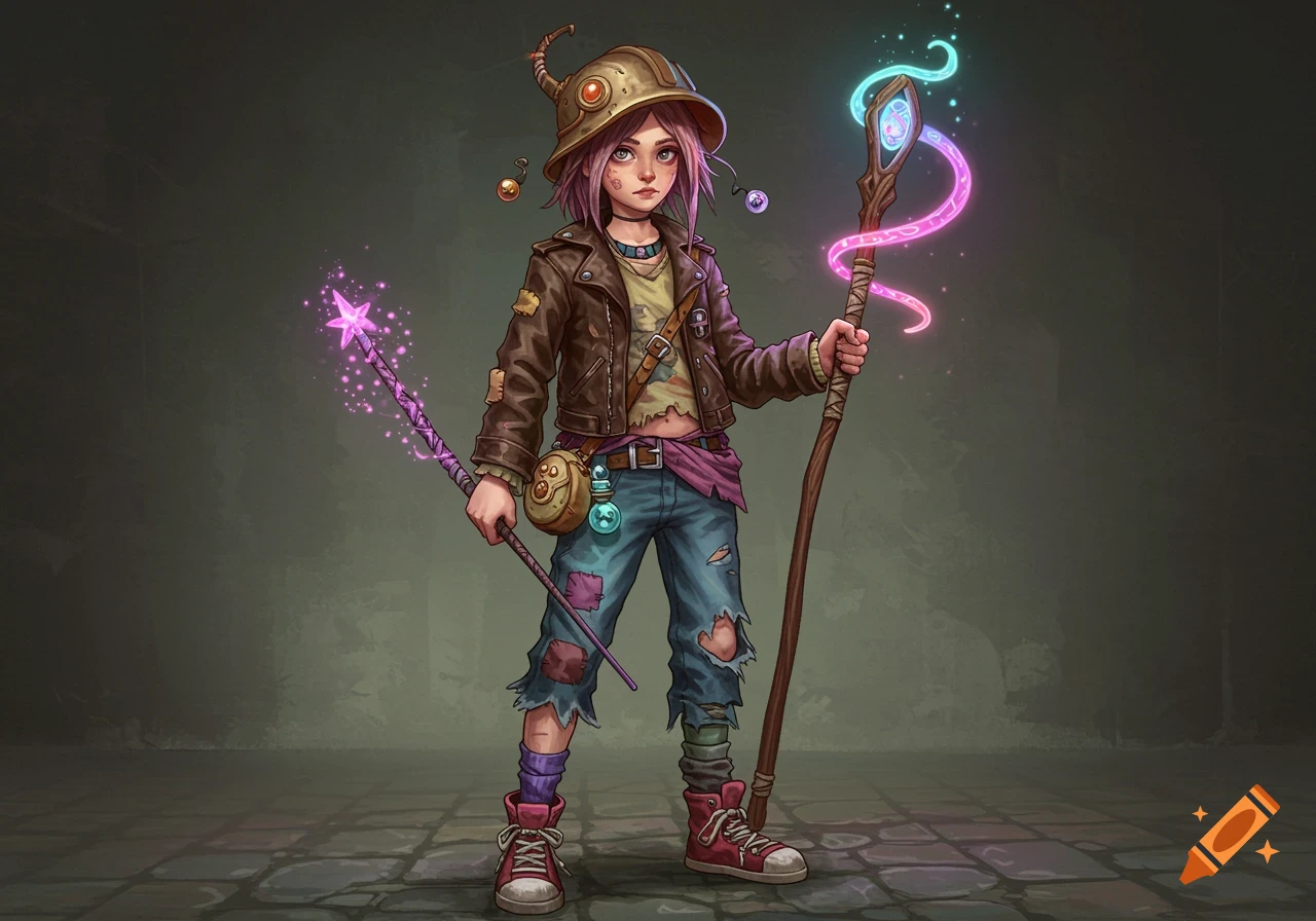 Illustration of a young fantasy character in worn clothes holding two glowing staffs.