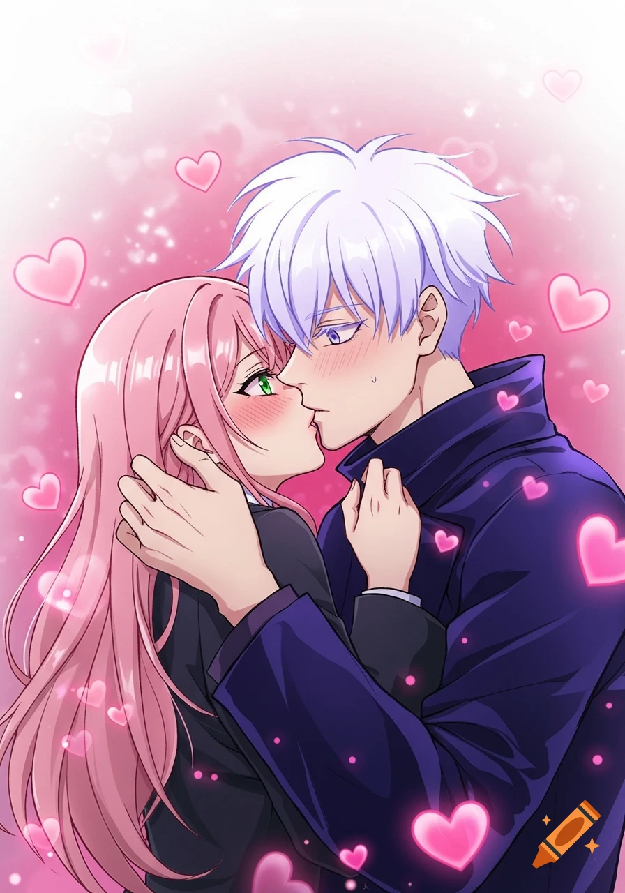 Anime couple with pink and white hair kissing amidst hearts