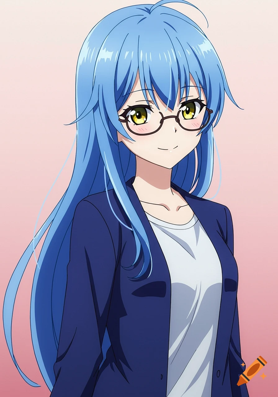 Anime girl with long blue hair, yellow eyes, glasses, navy blue jacket, and white shirt.
