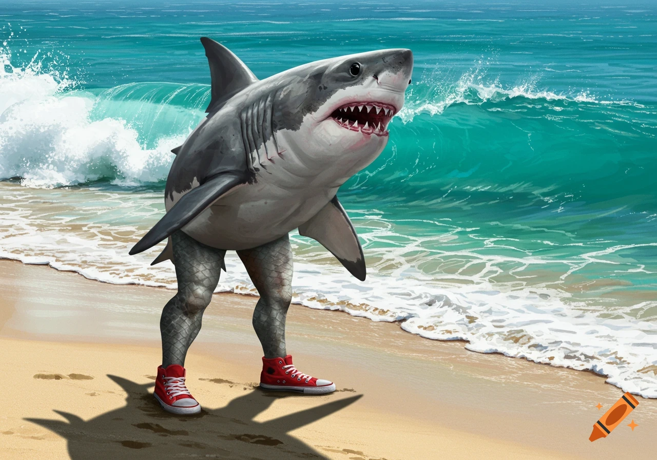 A realistic shark with human legs wearing red sneakers stands on a beach as a wave crashes behind it.