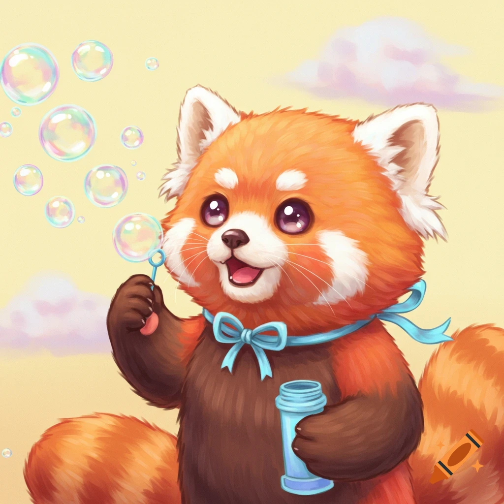 A cute red panda blows bubbles.