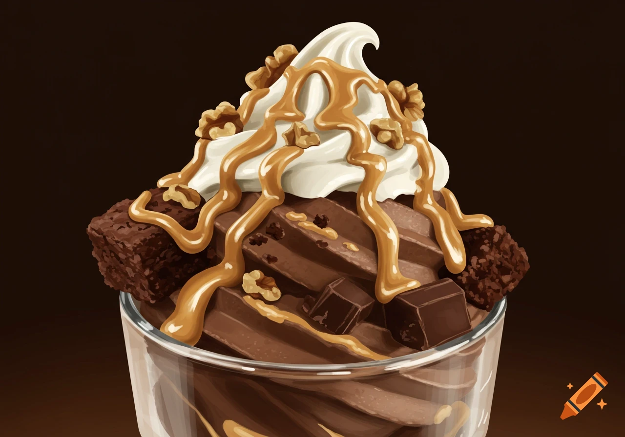 Illustration of a chocolate dessert with whipped cream, caramel sauce, walnuts, and brownie pieces in a glass.