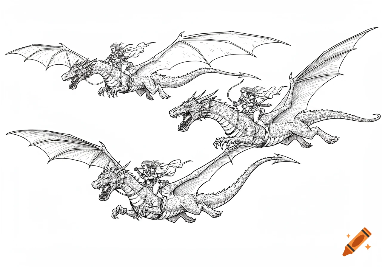 Black and white line drawing of three dragons flying with riders
