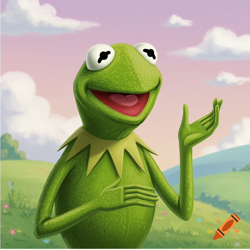 Illustration of Kermit the Frog smiling and gesturing in a grassy field.