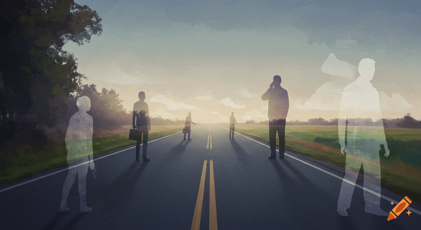 Illustration of silhouettes on a road, double exposure with landscapes.
