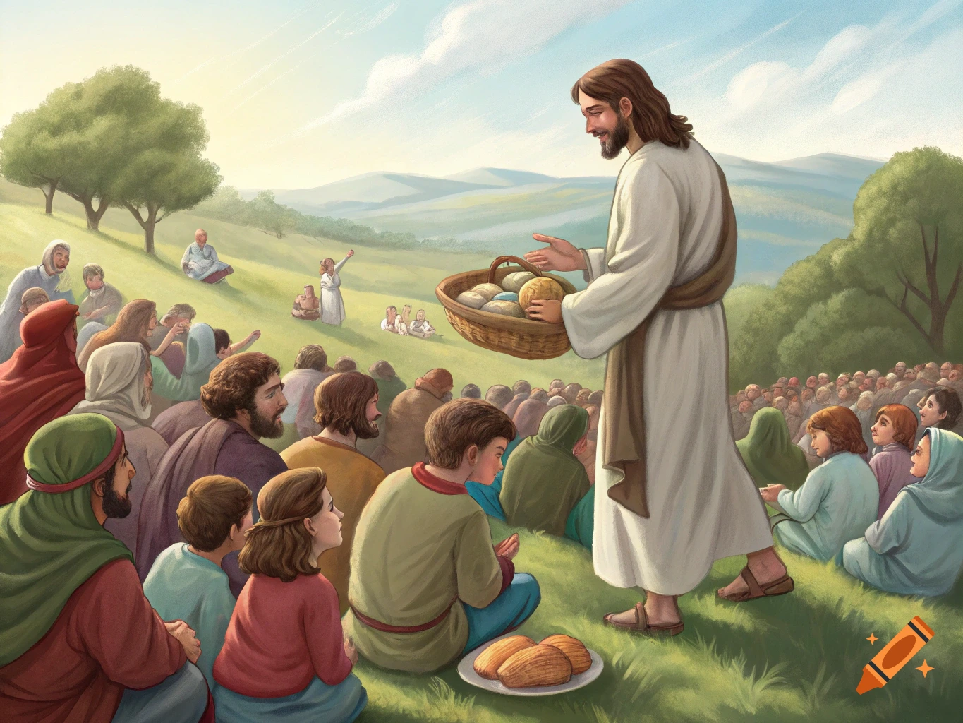 Jesus holds a basket of loaves while speaking to a large crowd sitting on a grassy hillside.