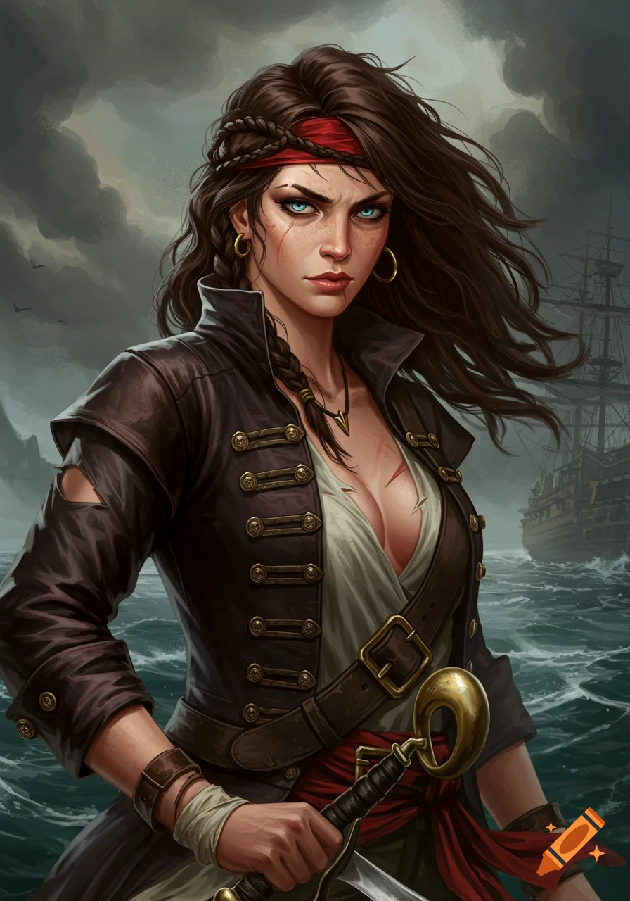 Illustrated portrait of a female pirate with a sword on a stormy sea with a ship.