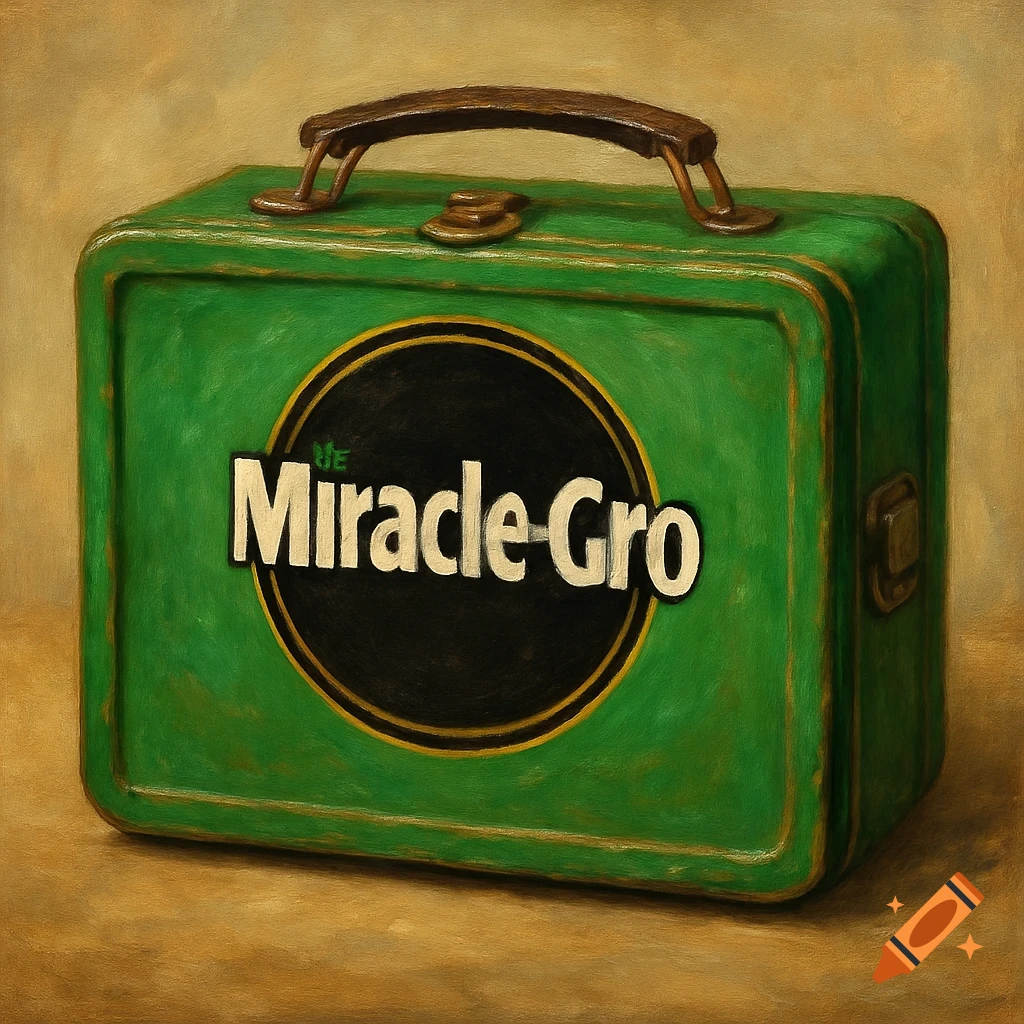 A green lunchbox with the Miracle-Gro logo in a painterly style.