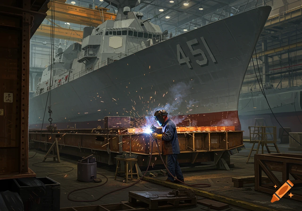 Welder working on a large grey ship hull with sparks flying inside a shipyard.
