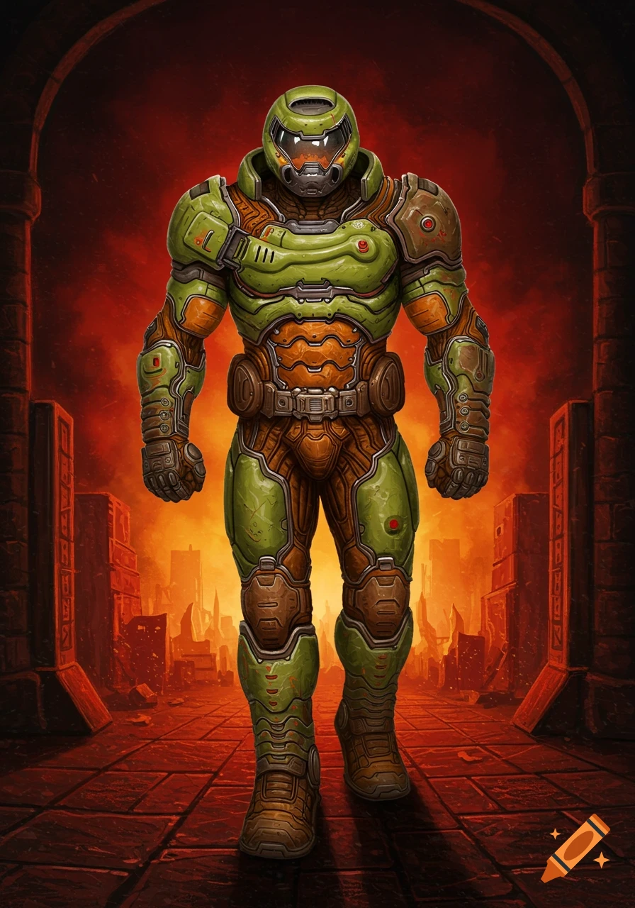 A figure in green and orange sci-fi armor stands in a hellish landscape.