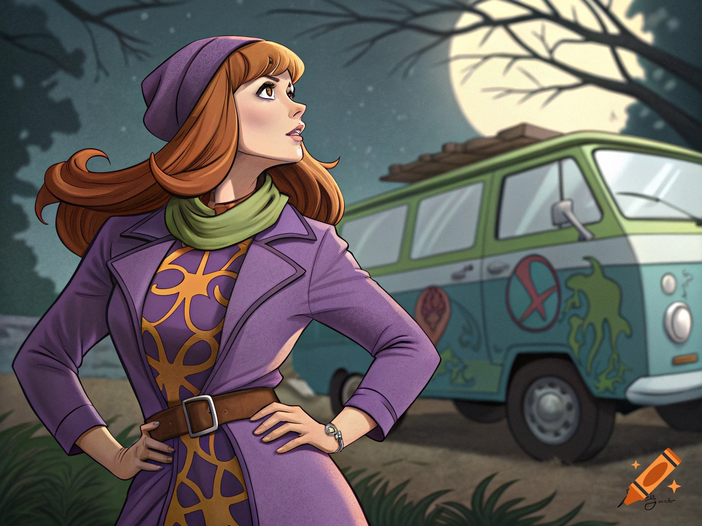 Cartoon style illustration of Daphne Blake standing in front of the Mystery Machine at night.