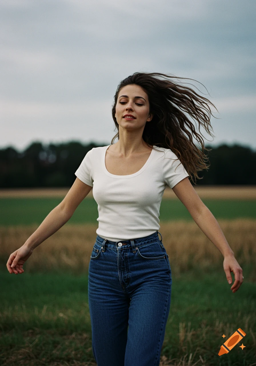 A woman with wind-blown hair dances in a field.