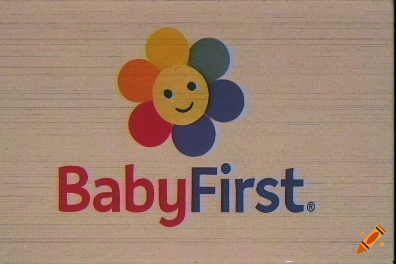 BabyFirst logo with colorful flower character and text in a VHS style.