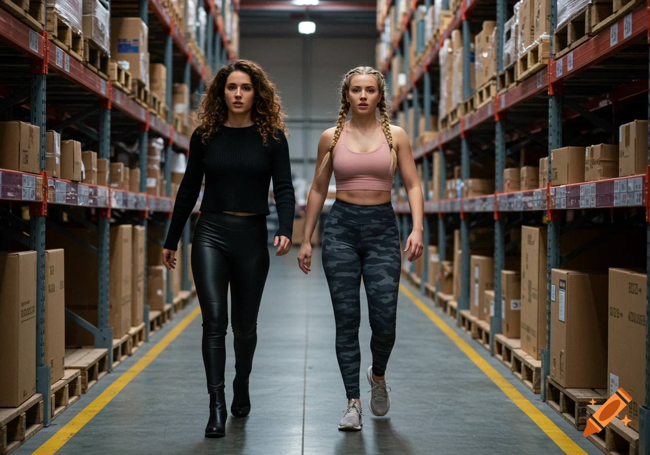 Two women walk down a warehouse aisle past shelves of boxes.