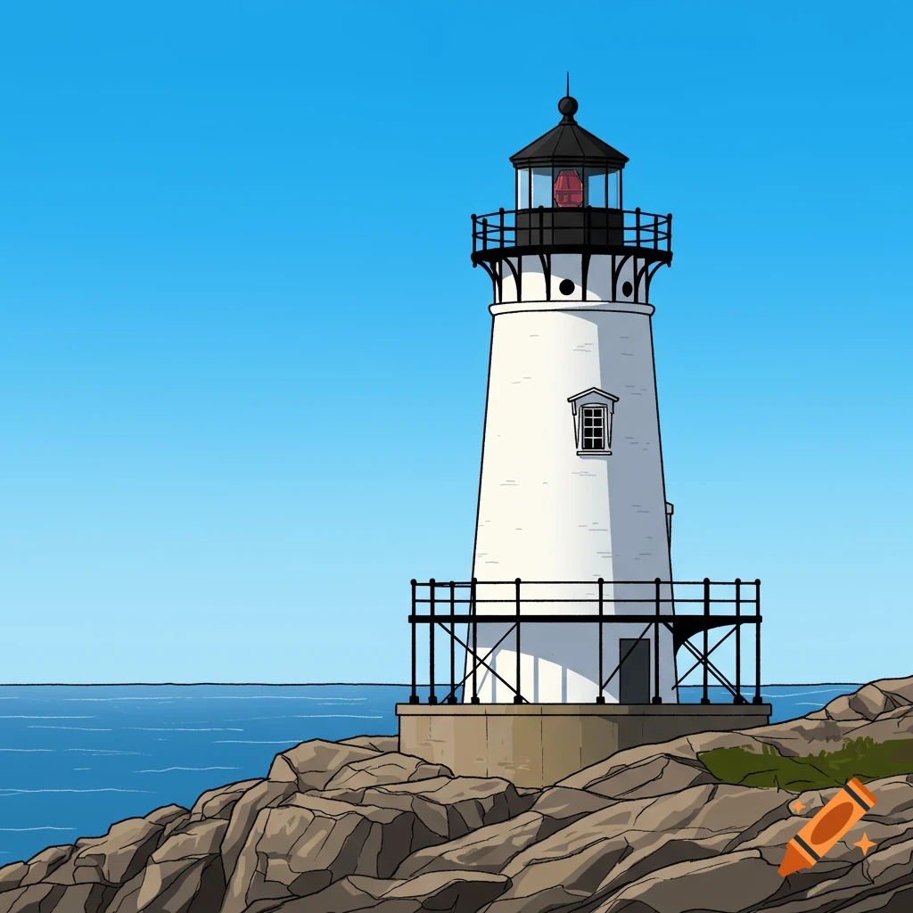 A clip art illustration of a white lighthouse on a rocky shore by the sea under a blue sky.