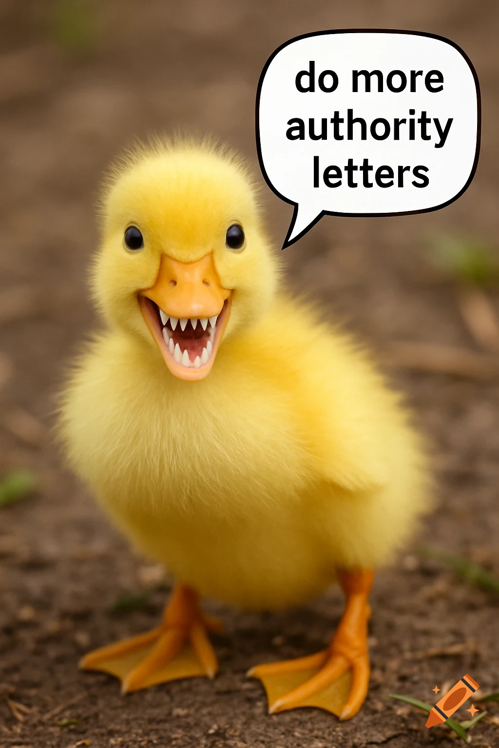 A yellow duckling with sharp teeth speaks from a bubble.