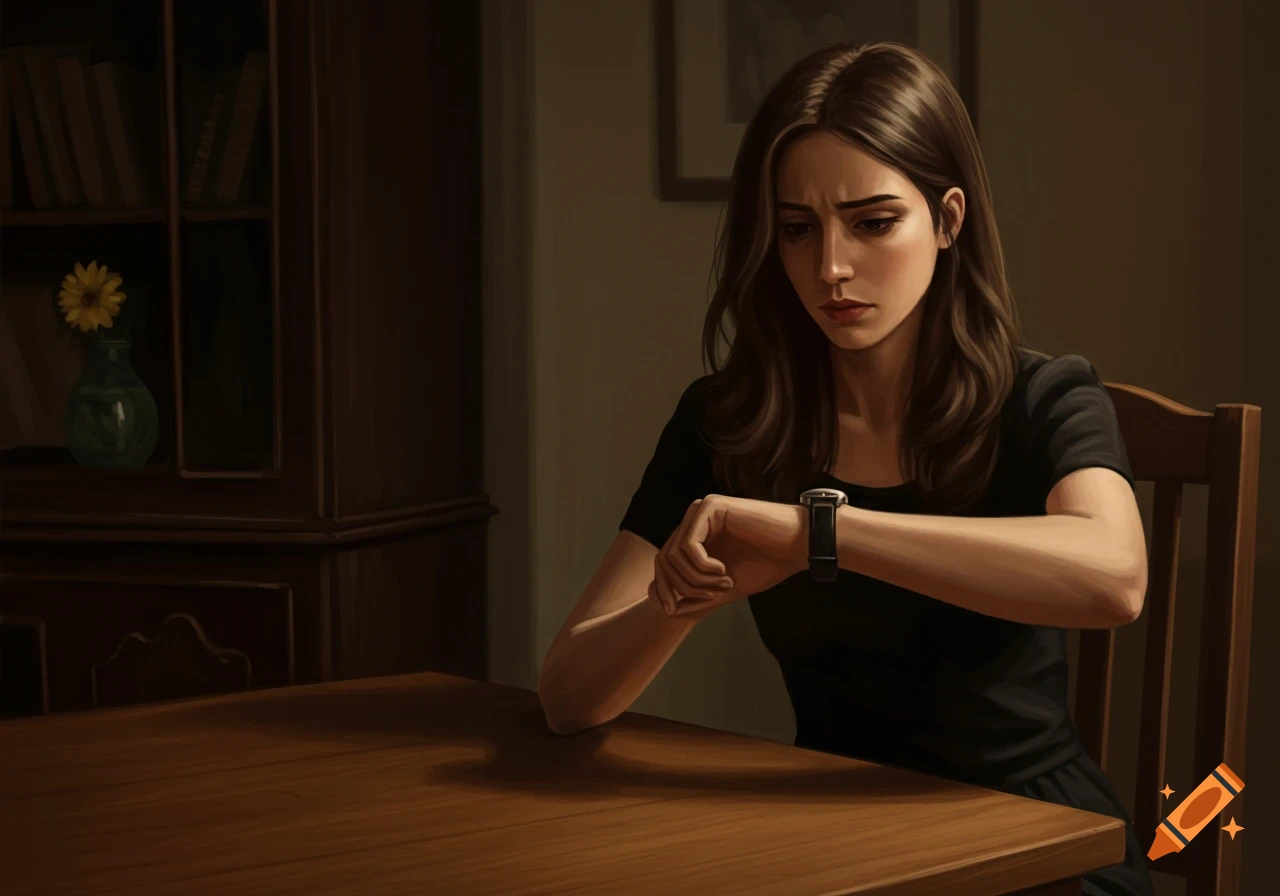 Realistic painting of a woman sitting at a table in a dim room, looking at her watch.