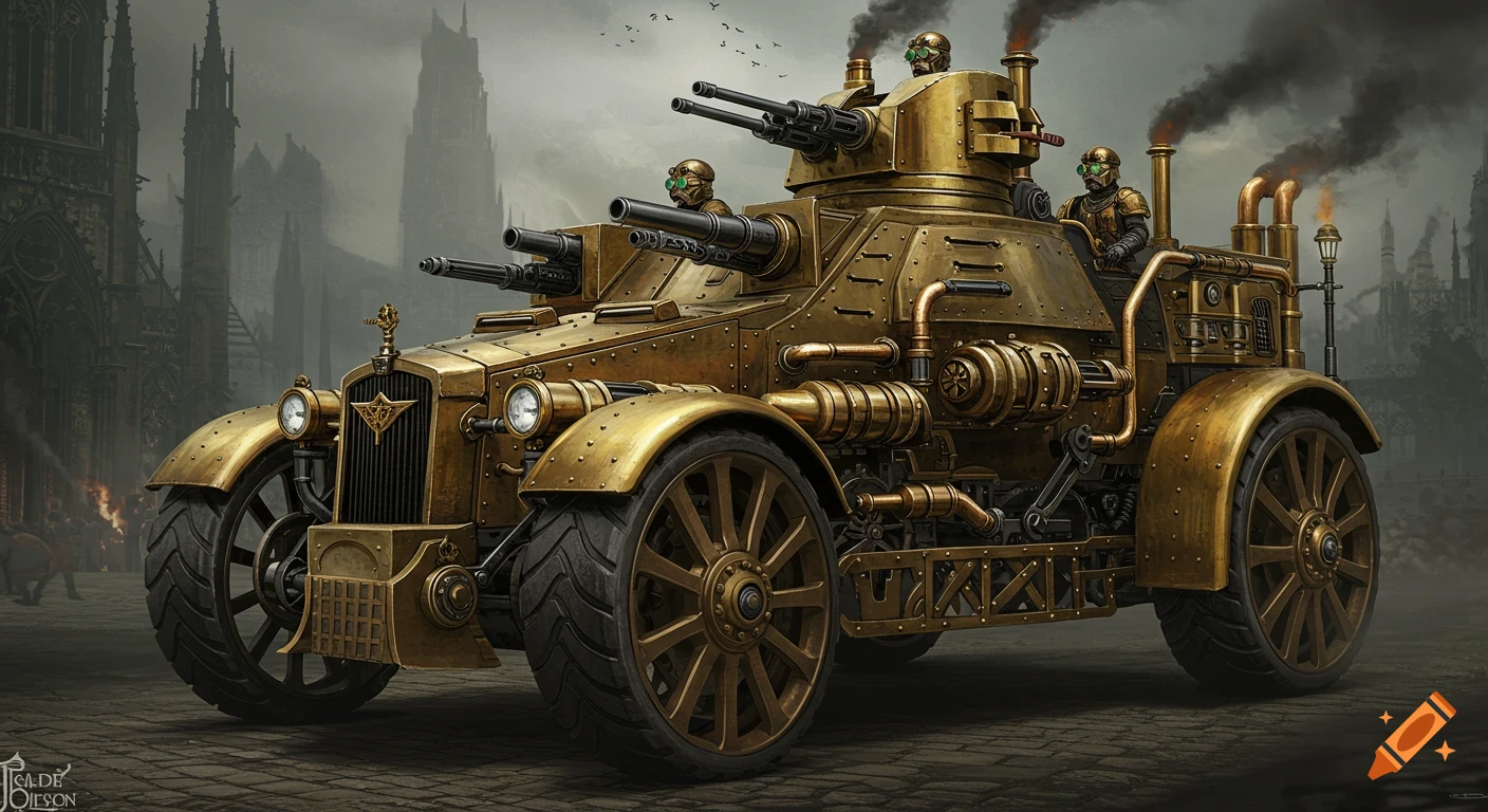 A large gold steampunk armored vehicle with cannons and soldiers stands on a street in front of gothic buildings.