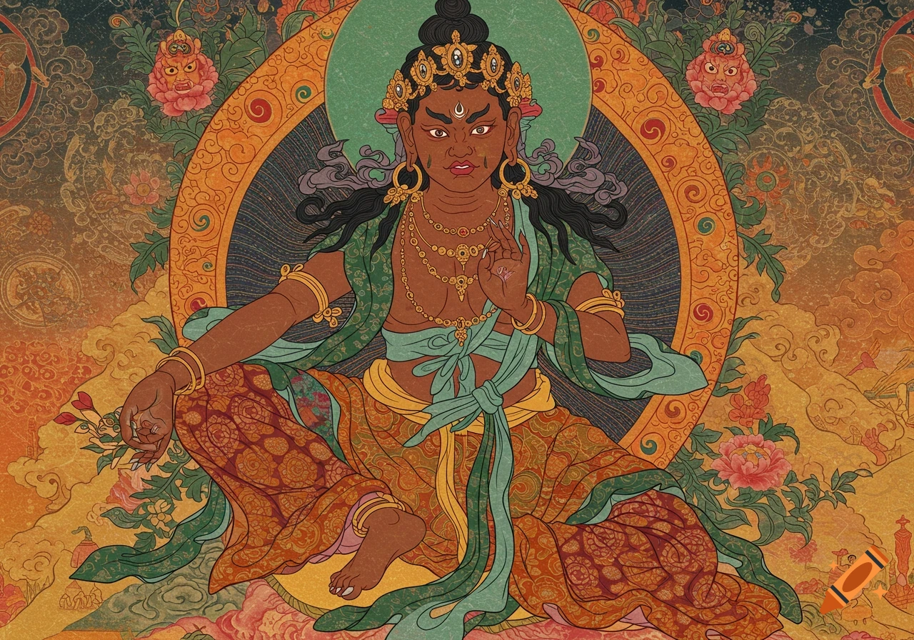 Detailed illustration of a seated figure in traditional Tibetan Buddhist art style.