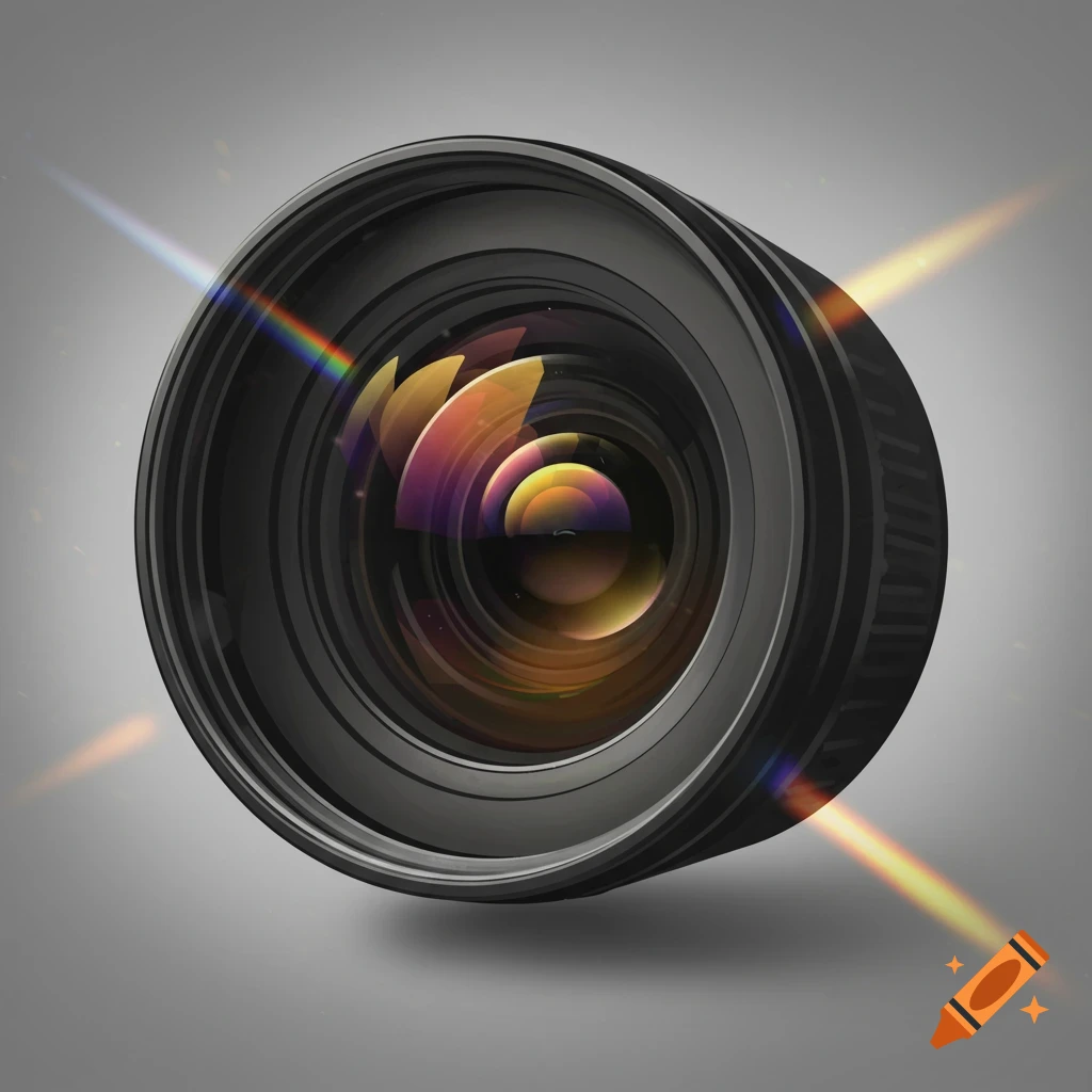 Detailed view of a camera lens with light reflections and lens flares.