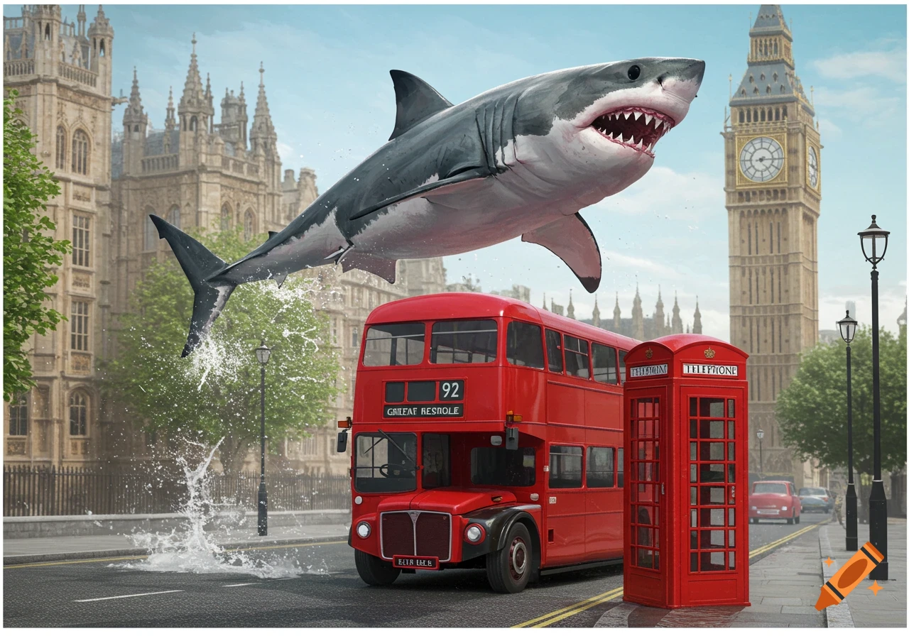A photorealistic image of a shark jumping over a red double-decker bus and phone booth in London with Big Ben in the background.