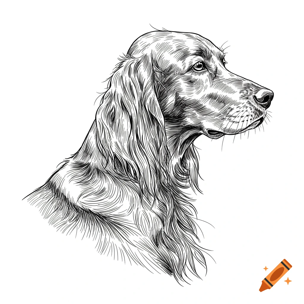 Black and white line drawing of an Irish setter profile.