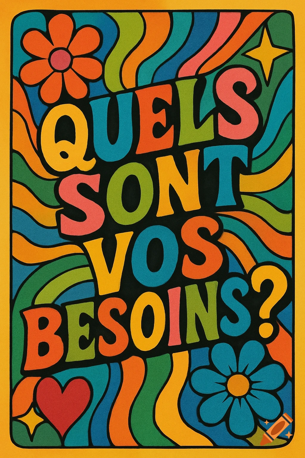Retro graphic design poster with colorful wavy shapes, flowers, heart, and the text 'Quels sont vos besoins?'