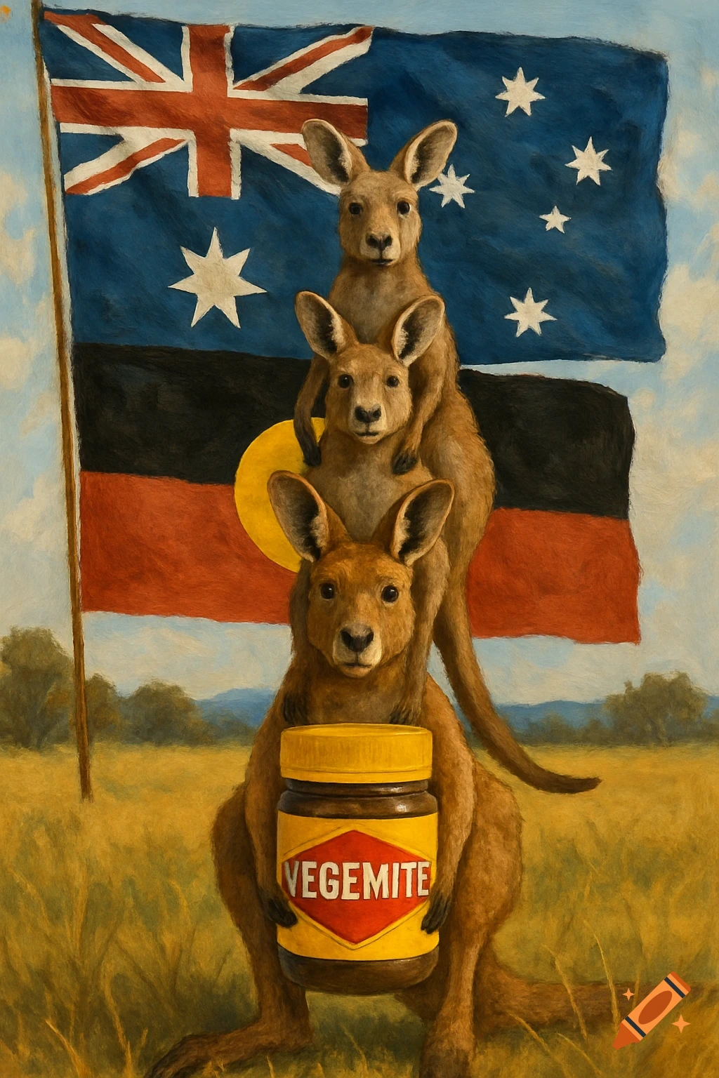 A painting of three kangaroos stacked on a Vegemite jar, in a field with Australian and Aboriginal flags.