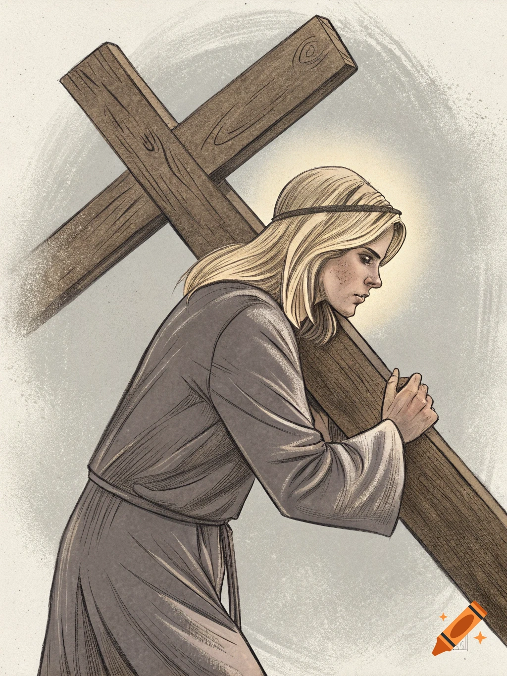 Illustration of a blonde woman carrying a large wooden cross on her shoulder