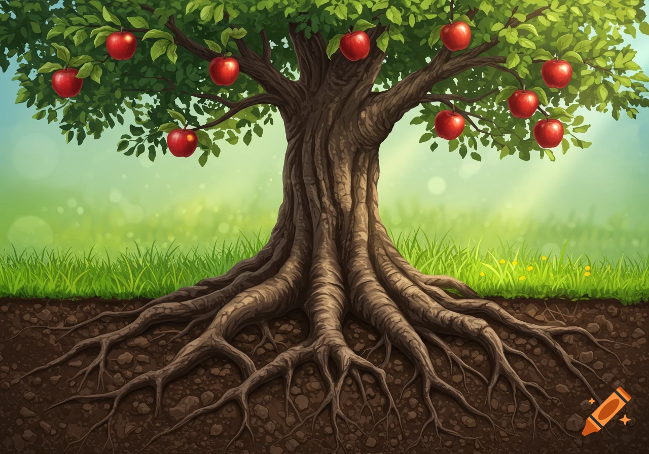 Illustration of an apple tree with red apples and visible roots underground.