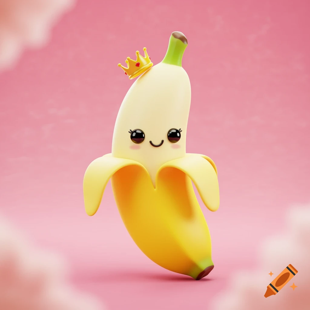 A cute 3D cartoon banana wearing a princess crown on a pink background.
