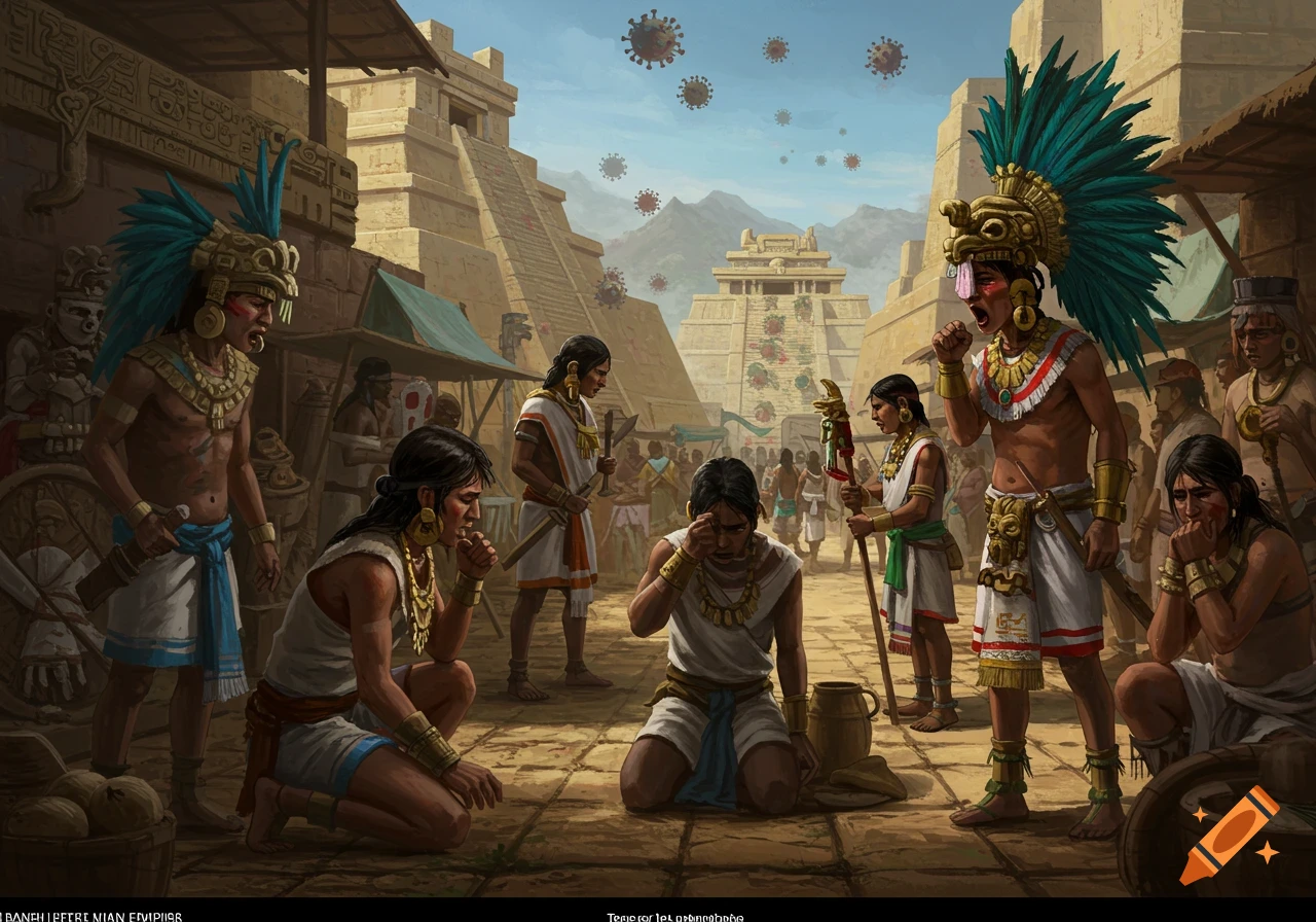Digital painting of Aztecs in a marketplace looking distressed with viruses floating in the air.