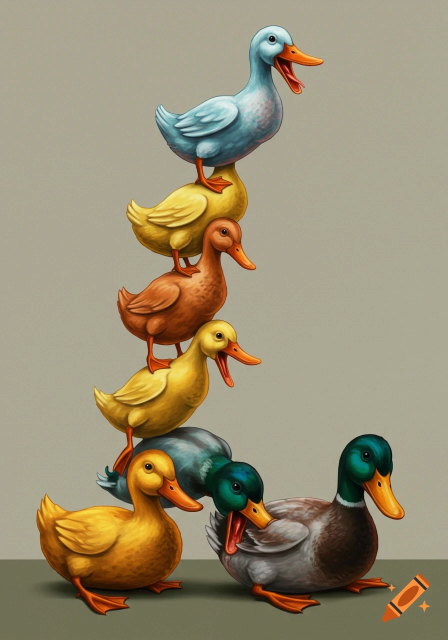 A stack of colorful cartoon ducks with a mallard duck on the ground.