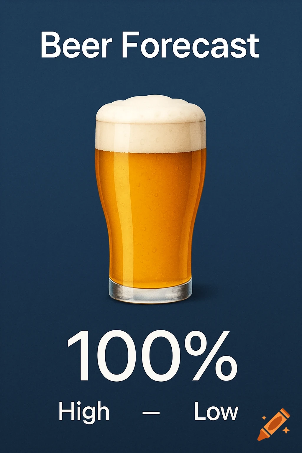 Glass of beer with foam and text 'Beer Forecast 100% High - Low' on a dark blue background.