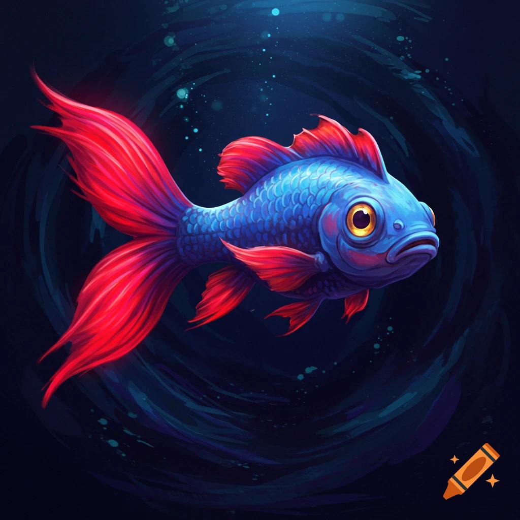 A stylized blue fish with bright red fins swims in dark water.