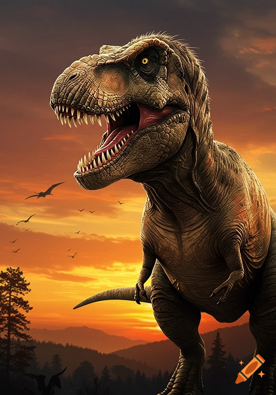 A detailed Tyrannosaurus Rex roars at sunset with mountains and pterodactyls in the background.