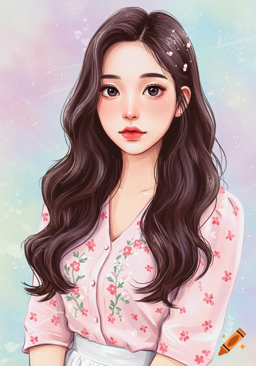 Cartoon portrait of a young woman with long dark hair and a pink floral shirt.