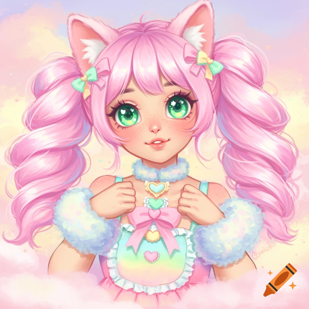 Anime style drawing of a cute girl with pink hair, cat ears, and large green eyes in a pastel outfit.