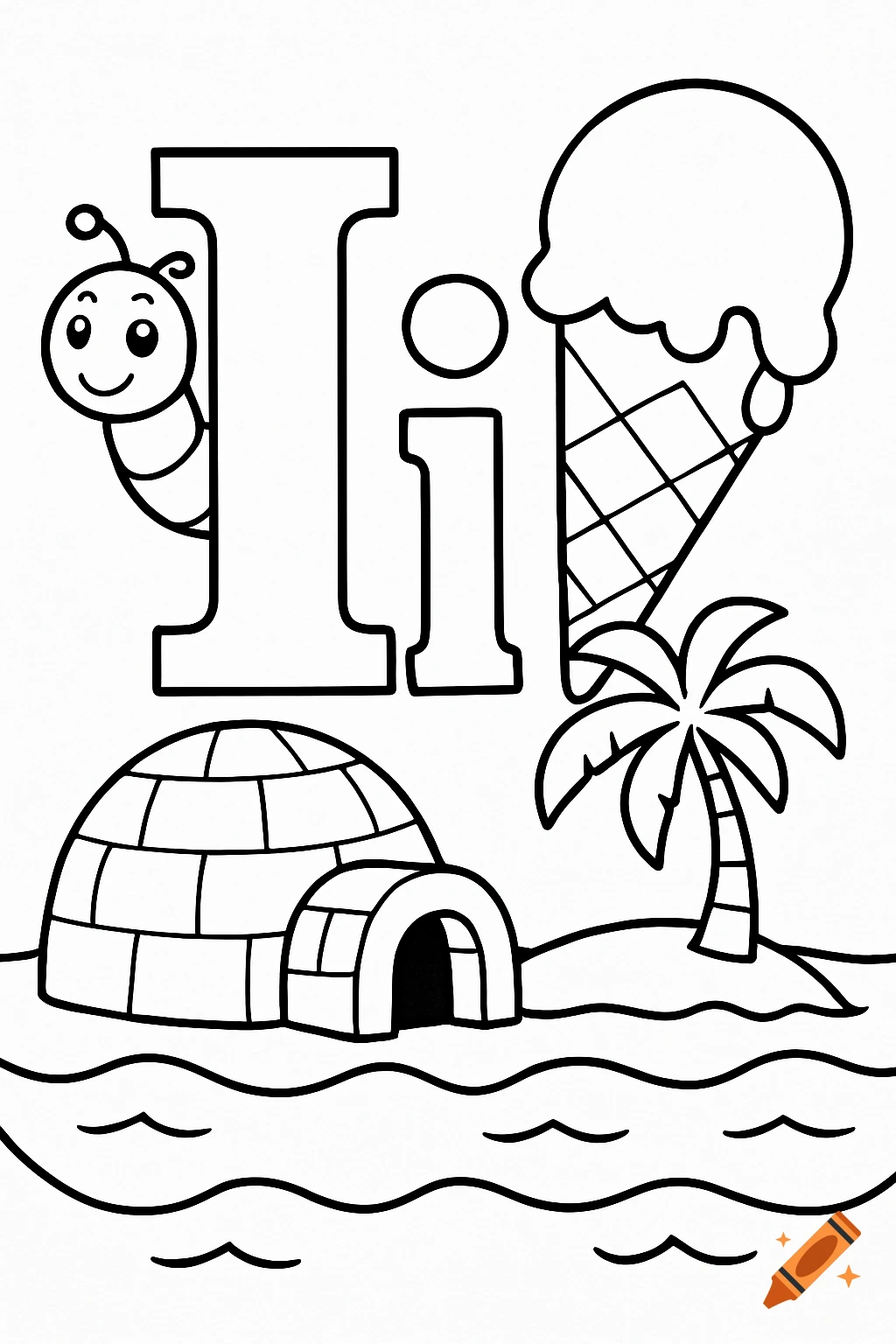 Coloring page with capital I and lowercase i, an inchworm, ice cream, igloo, island with palm tree, and waves.