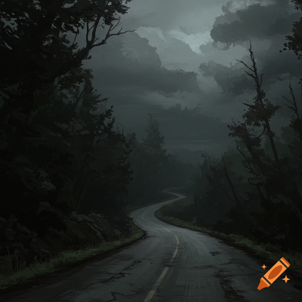 A winding road through a dark forest under a cloudy sky in a painterly style.